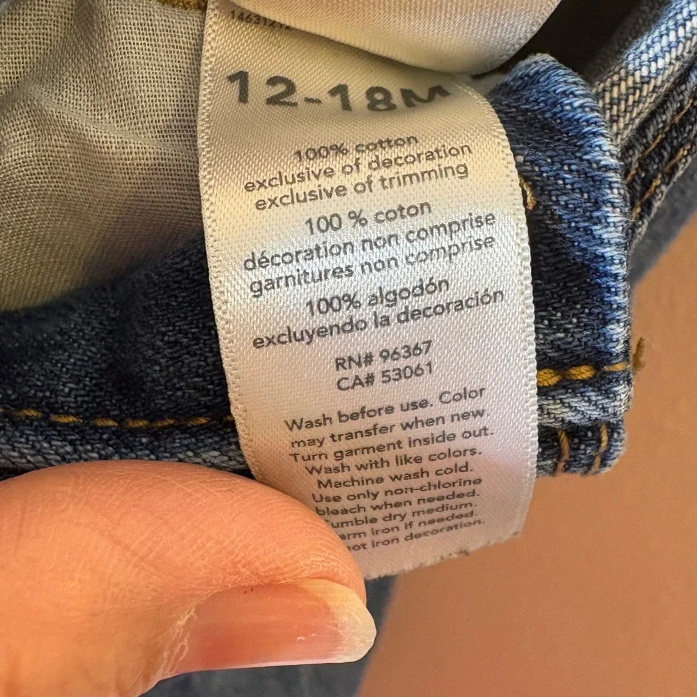 OshKosh B'Gosh Girls Blue Denim Rainbow Heart Embroidered Overalls 12-18M